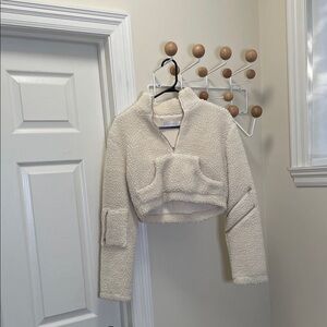 Meshki - Teddy Bear "Fur" Fuzzy Crop Top Pullover Zip Up - Cream - S